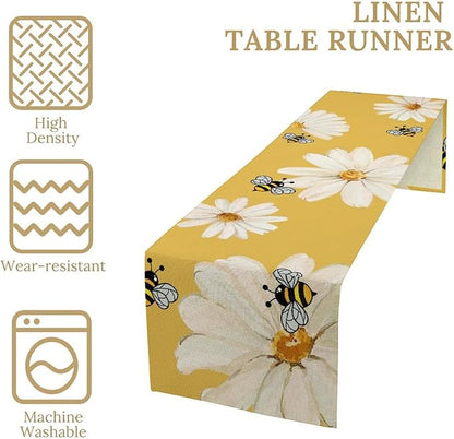 Daisy Flower Table Runner, Summer Spring Seasonal Watercolor Wildflower Yellow Bee Print Table Cover for Home Party Decor Kitchen Dining Table, 13x120inch