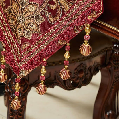 Luxury Vintage Design Table Runner 90 inches Long Embroidery Jacquard Fabric with Multi-Tassels Table Runners for Dining Room Dresser Christmas Thanksgiving Party Decorations (Red, 12X90inch)