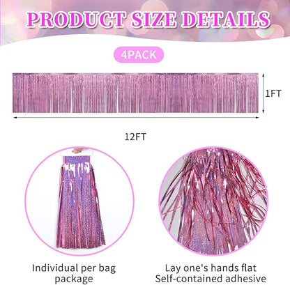 Laser Pink Birthday Decorations Tinsel Garland Parade Float Decorations for Trailer 4Pack 12FT Girls Womens Party Decor Ceiling Fringe Banner Pink Backdrop for Streamers Party Decorations