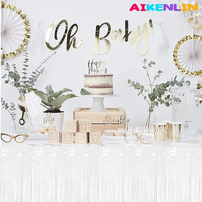 6 Pack 29x108 Inch Metallic Foil Fringe Tinsel Table Skirts Banner for Rectangle Tables Streamer Garland Curtains Backdrop for Wedding, Birthday, Parade Floats Party Decoration(White)