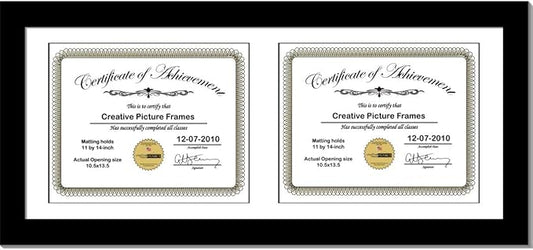 Creative Picture Frames 14X30Bk-W Black Horizontal Double Diploma Frame With 2 Opening White Mat, Holds 2-11X14-Inch Documents With Wall Hanger