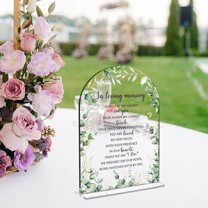 Wedding Sign Decor, In Loving Memory Wedding Sign, 5x7 Inch Arch Acrylic, Weddings Sign for Reception & Event, Bridal Shower Decorations, Wedding Table Sign Accessories for Anniversary Party(Foliage)