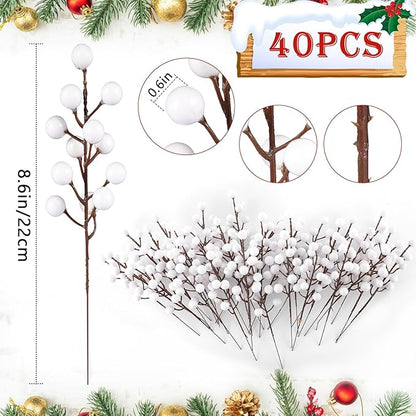 40 Pcs Artificial Berry Stems Branches, Christmas White Faux Holly Berries Picks Ornaments for Christmas Tree Wreath DIY Craft Decorations Holiday Home Decor (40, White)