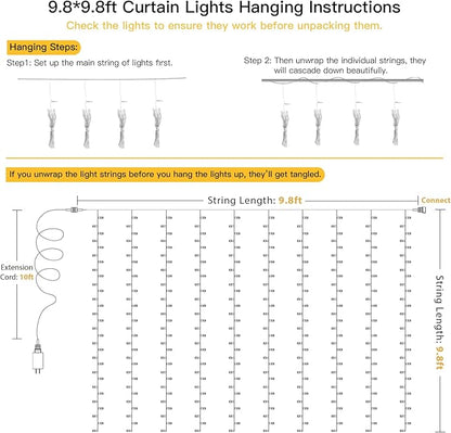 suddus Curtain Lights for Bedroom, 300 Led 9.8x9.8ft Hanging String Lights Outdoor, Fairy Curtain Lights Indoor for Christmas, Dorm, Wall, Backdrop, Window, Wedding, Party, Birthday Decor, Warm White