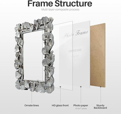 Cuspin Silver 5x7 Picture Frame, Vintage Silver Ornate Leaf Textured Hand-Crafted Resin Frames with Glass Front, Antique Photo Frame for Tabletop Display, Retro Design Home Decor