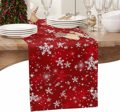 Christmas Snowflakes Cotton Linen Table Runner for Dining Kitchen, Red Xmas Winter Snow Wedding Outdoor Party Tablerunners Decoration, New Year Dresser Scarf Coffee Tablecloth Runners 13x70 Inches