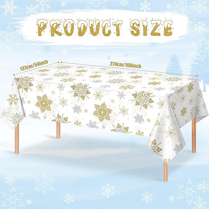 6Pcs Christmas Snowflake Party Tablecloths Decorations,Plastic White and Gold Table Cloth,Winter Rectangle Table Cover for Christmas New Year Birthday Baby Shower Holiday Party Decorations,54x108 inch