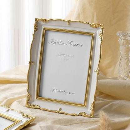 Cuspin Vintage Picture Frame 5x7 Gold Frames, Ornate White and Gold Textured Hand-Crafted Resin Frame with Glass Front, 5 by 7 Antique Photo Frames for Tabletop Display