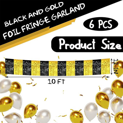 6 Pack 10 Feet Black Gold Foil Fringe Garland Metallic Tinsel Streamers Banner Wall Hanging Curtain Backdrop Banner for Parade Floats, Thanksgiving, Christmas, Birthday, Halloween Party Decorations