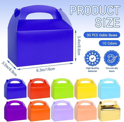 Rcybeo 30 PCS Gable Treat Boxes for Party, 10 Colors Candy Boxes Party Favor for Kids Birthday, Snack Goodie Candy Treat Boxes for Wedding Party Favors, Baby Shower, 6.3 x 3.5 x 3.5 In