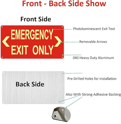 (2Pack) Photoluminescent Emergency Exit Sign Red, Glow In The Dark Aluminum Exit Sign - Adhesive Backing - 4pcs Removable Arrows Included - 14.25 x 7.5 Inches - Non Electrical Exit