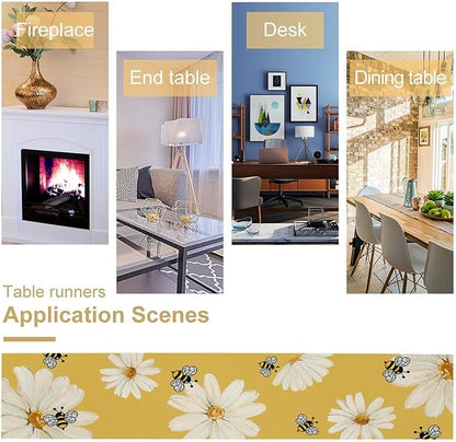 Daisy Flower Table Runner, Summer Spring Seasonal Watercolor Wildflower Yellow Bee Print Table Cover for Home Party Decor Kitchen Dining Table, 13x120inch