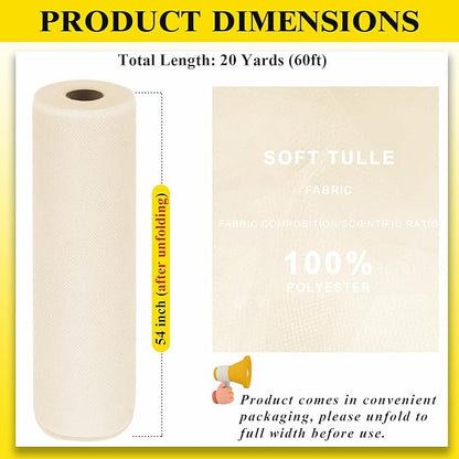 54" by 20 Yards Ivory Tulle Fabric Rolls - Tutu Spool Bolt for DIY Wedding Decoration, Baby Shower Tutu Skirt, Gift Wrapping - Large Matte Tulle, Roll Packaging