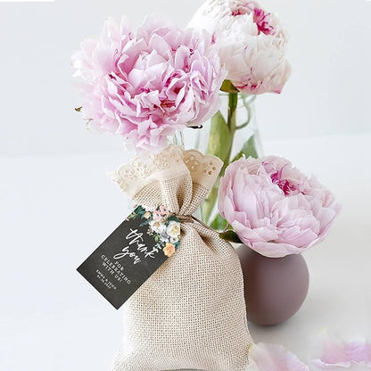 Andaz Press 100-Pack Personalized Thank You Tags with Bakers Twine Chalkboard Florals Custom Cardstock Gift Tags for Wedding Party Favors 2 x 3.75-Inches