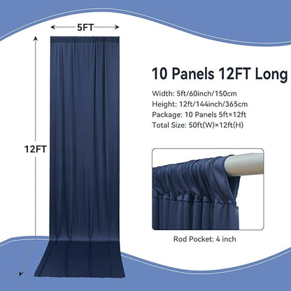 50×12ft Navy Blue Wrinkle Free Backdrop Curtain for Wedding Parties, 10 Panels 5×12ft Long Soft Silky Polyester Backdrop Drapes Photo Back Drop Curtains for Birthday Photography Background Cloth
