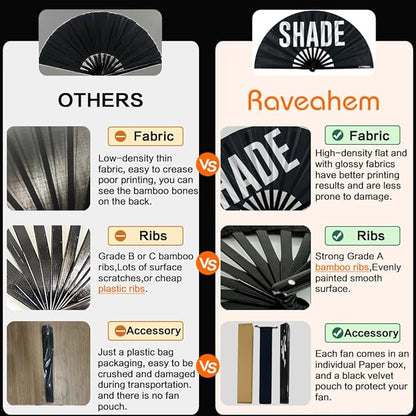 UV Glow Rave Fan, Bamboo Folding Clack Hand Fans Foldable for Men Women, Boots on the Ground Poping Fan for EDM Festival Line Dance Decoration, (Shade Pattern, Large 13")