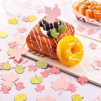 Sumind 200 Pieces Thanksgiving Pink and Gold Pumpkin Confetti Christmas Baby Shower Maple Leaf Confetti Glitter Thanksgiving Pumpkin Decorations Table Decorations for Birthday Party Supplies (Simple)