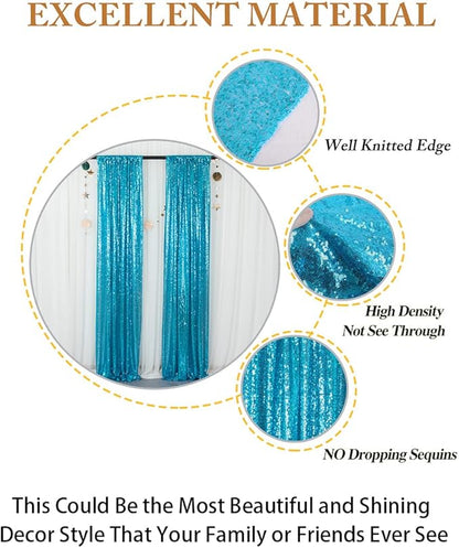 ShiDianYi Sequin Backdrop Turquoise 2 Panels 4FTx10FT Backdrops for Photograph Aqua Blue Sequin Photo Backdrop for Birthday Sparkle Wedding Drapery Glitter Background