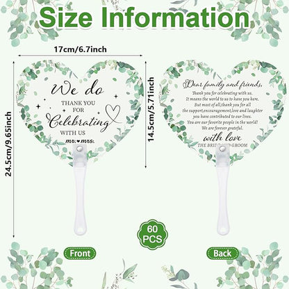 60Pcs Wedding Fan Gifts for Guests Greenery Handheld Fan with 1 Wedding Table Sign, Greenery Wedding Favors Thank You Fans for Guests Hostess Gifts Plastic Handheld Heart Shape Fan Green Leaf Pattern