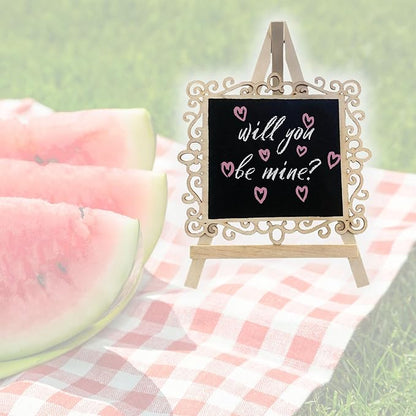 Chalkboard Signs Easel - Square Shape with Wood Framed Swirly Design, Includes 1 Chalk Stick, Size: 10" x 7" Wooden Blackboard, Perfect for Special Occasions and Events Decoration