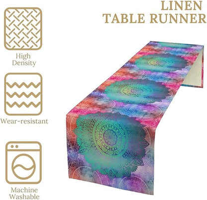 Green Mandala Table Runner, Bohemian Vintage Colorful Exotic Colorful Floral Print Table Runner for Wedding Dining Table Holiday Party Kitchen Home Decor, 13x108inch