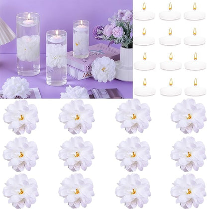 24 Pcs Floating Candles for Centerpieces and Floating Flowers Vase Fillers for Centerpieces White Artificial Flowers for Wedding Table Party Home Decoration