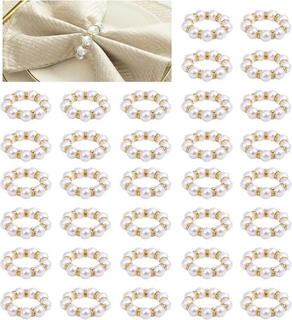 48 Pcs Gold Disposable Napkin Rings, Delicate Pearl Napkin Ring Holder, White & Golden Beaded Serviette Buckles for Formal Wedding Dinner Home Decor Party Supplies