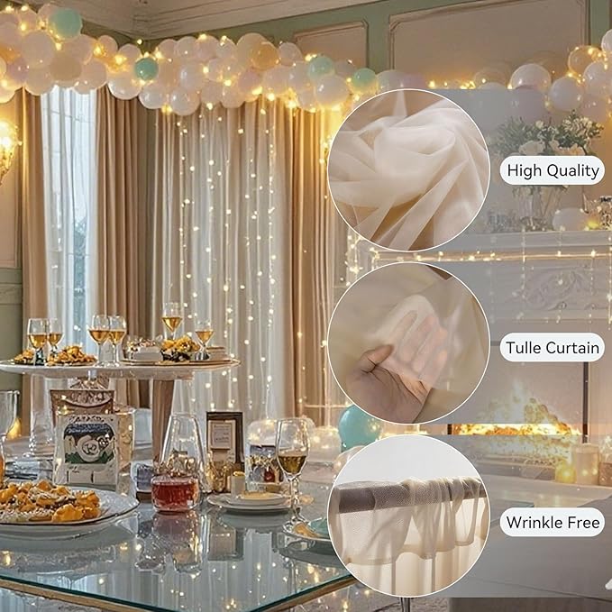10×10ft Tulle Backdrop Curtains with Lights String - 300LED Fairy Lights Sheer Curtain Backdrop for Weddings Baby Shower and Birthday Party Decorations(8 Panels 5×10ft)