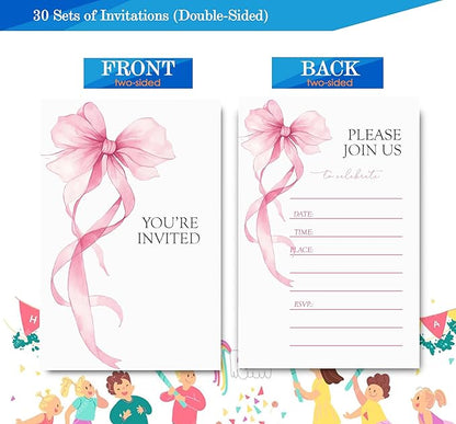 Pink Bow Birthday Invitations for Girls, Elegant Bow Birthday Party Invitaions for Girls Coquette Party Invites, 4x6 Inches, 30 Sets with Envelopes