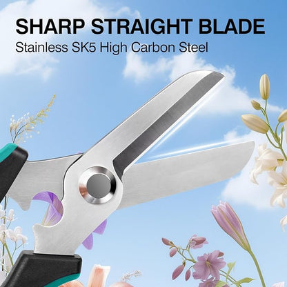 Garden Scissors Floral Shears, Professional Floral Scissors with Comfortable Grip Handle, Premium Garden Pruning Shears for Plants Trimming and Fruit Picking Trimming, Green