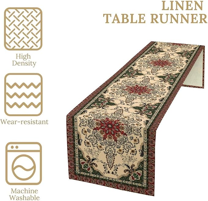 Vintage Paisley Bohemian Table Runner Beige Red Rustic Farmhouse Home Kitchen Table Dining Coffee Room Garden Party Wedding Decor 13x36in