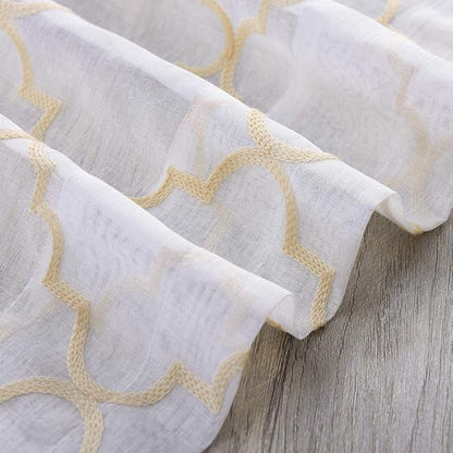 Embroidered Moroccan Tile Lattice Design Gold Sheer Curtains 84 Inch Long, Rod Pocket Sheer Drapes for Living room, Bedroom, 2 Panels, 52"x84", Semi Voile Window Treatments for Yard, Villa, Parlor.