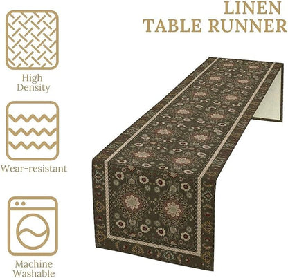Vintage Boho Floral Table Runner, Rustic Country Farmhouse Brown Bohemia Flower Pattern for Home Kitchen Table Decor Dining Coffee Room Party Decor 13x120in