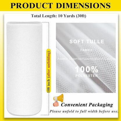 108" White Tulle Fabric Roll, Extra Large Matte Tulle Netting Bolt for Wedding Ceiling Drapes Arch Banquet Party Decorations Tutu Skirt Baby Shower DIY Crafts Gift Wrapping (10 Yards, White)