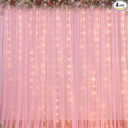 Sheer Backdrop Curtains with Lights String for Weddings Baby Showers, 20x10ft Sheer Tulle Photo Backdrop Curtains for Birthday Party Photography Background Decoration, Pink
