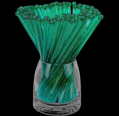 50-PCS Christmas Green Glitter Plastic Swizzle Sticks, Crystal Cake Pops, Cocktail Coffee Drink Stirrers, Stir Sticks for Christmas Party, 7.24 Inch