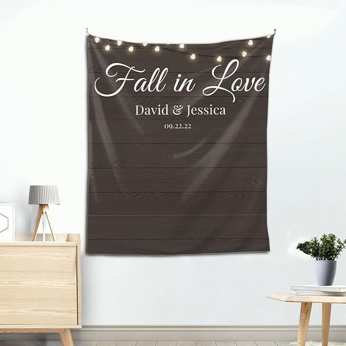 Wedding Backdrop for Reception, Custom Tapestry with Names & Date, Rustic Sign, Personalized Wood Photography Lights Banner Ceremony, Arch Decor One Size