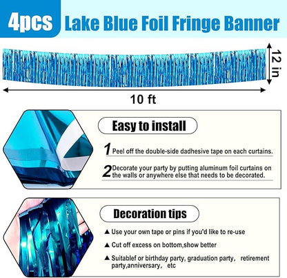 4 Pack 10 Feet Lake Blue Foil Fringe Garland Metallic Tinsel Streamers Banner Wall Hanging Curtain Backdrop for Parade Floats, Wedding, Graduate, Mother's Day, Birthday Party Decoration
