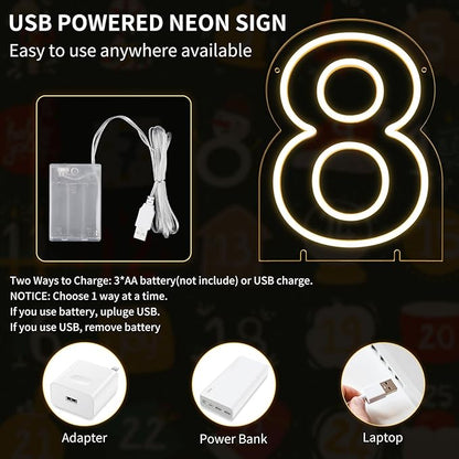 Number 8 LED Neon Sign Backdrop Birthday Party Decoration, 11.3" Height Warm White Marquee Number Eight Light Up Sign for Wedding Anniversary Window Wall Table, Indoor Battery Operated or USB