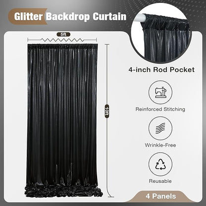 20x10FT Black Sequin Backdrop - 4 Panels 5x10FT Wrinkle-Free Glitter Drapes for Weddings, Parties & Events