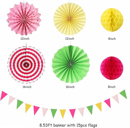 Hawaiian Pink Green-Yellow Party-Decorations - 20pcs Aloha Paper Lanterns Fans,Tissue Pom Poms,Honeycomb Balls,Tropical Pool Jungle Bachelorette Birthday Supplies Summer Beach Burgleda