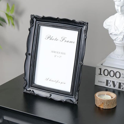 Cuspin Vintage 5x7 Picture Frame Black, Handmade Resin Frame with Carved Texture & Glass Front, Antique Retro Design for Tabletop Display or Wall Hanging, Black Photo Frames Home Decor