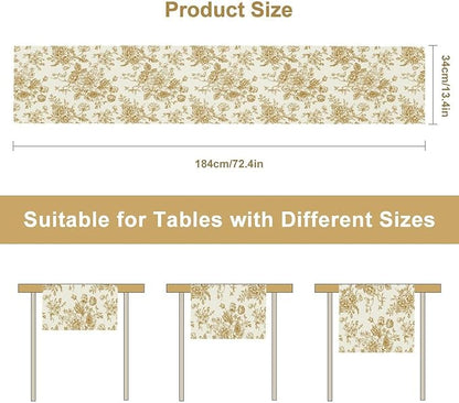 Retro Floral Table Runner, Golden White Wildfloral Sketch Print Kitchen Dinning Table Runner for Indoor Outdoor Home Wedding Party Holiday, 13x70 Inch