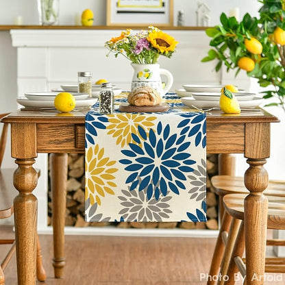 Artoid Mode Blue Dahlia Floral Pinnata Summer Table Runner, Spring Kitchen Dining Table Decoration for Home Party Decor 13x108 Inch
