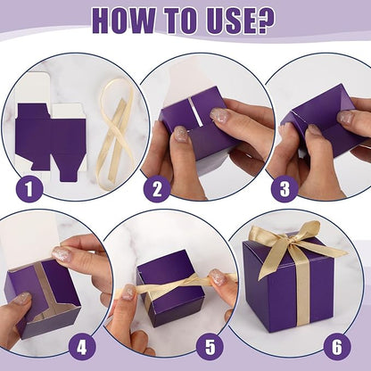 Jutom 100 Pcs Mini Favor Boxes Extra Small Candy Boxes Paper with Gold Ribbon for Christmas Thanksgiving Day Birthday Wedding Anniversary Supplies(2 x 2 x 2 Inch,Purple)