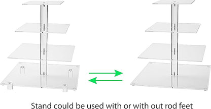 Jusalpha Large 4 Tier Cupcake Stand Square Acrylic Cupcake Tower Stand for Dessert, Pastry, Serving Platter-Candy Bar Party Décor and Supply(with Rod Feet) (4SF-V2)