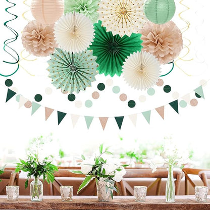 Olive-Sage Green Beige Champagne-Gold Party-Decorations - 33pcs Rustic Banner,Streamers Tassel Garland,Tissue Pom Poms,Paper Lantern Fans,Boho Neutral Baby Shower Birthday Bridal Decor Hugtmr