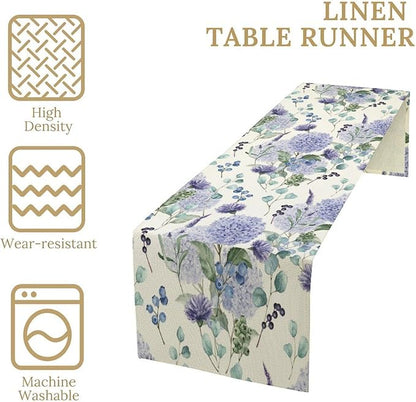 Spring Hydrangea Flower Table Runner, Seasonal Summer Plants Watercolor Eucalyptus Leaves Purple Florals Dinner Runner for Home Kitchen Dining Table Party Holiday Decoration 13"x120"