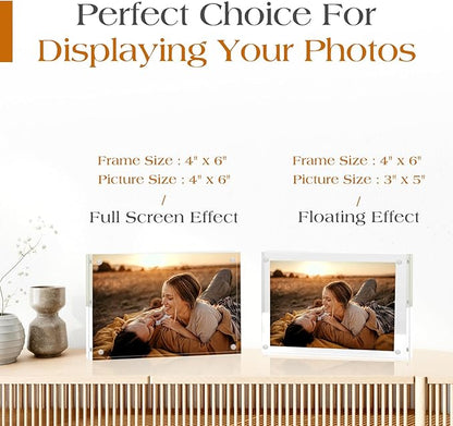 TWING 2 Pack Picture Frames Acrylic 4 x 6, Horizontal Magnet Double Sided 4x6 Picture Frame, 10+10MM Thick Clear Frameless Desktop Display Self Standing Magnetic Acrylic Block Photo Frame Gift Ideal