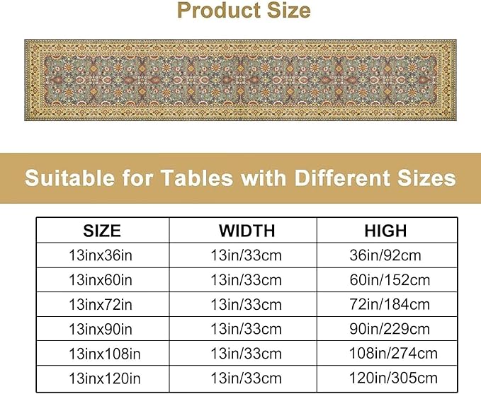 Boho Floral Vintage Beige Blue Table Runner, Retro Flower Rustic Country Farmhouse Abstract Pattern for Home Kitchen Table Decor Dining Coffee Room Party Decor 13x90in